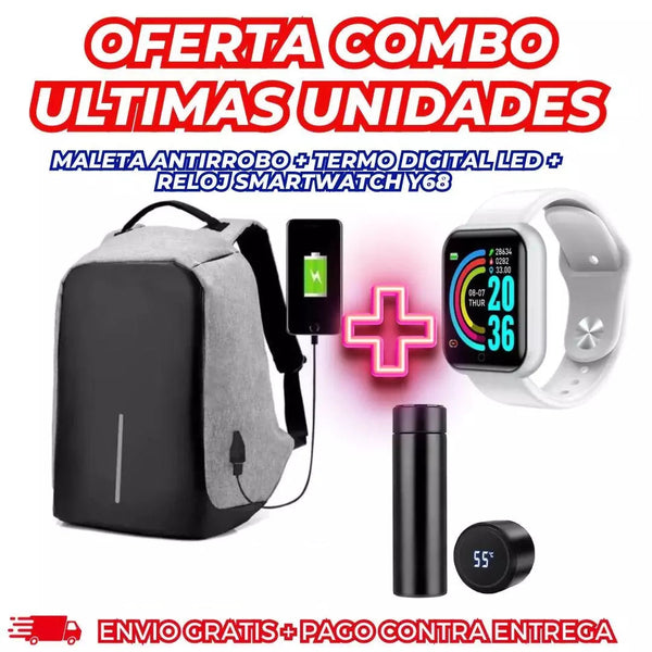 Maleta Antirrobo + Termo Digital LED + Reloj Smartwatch Y68