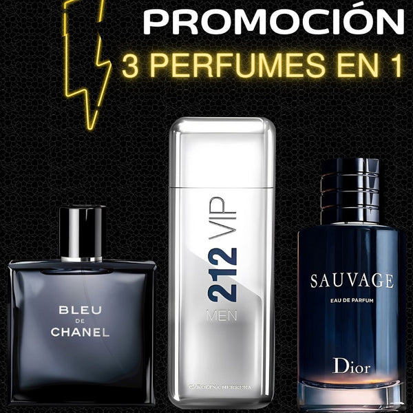 PROMOCIÓN COMPRA 1 E LLEVA 3 - 212 VIP MEN + PERFUME SAUVAGE + 1 BLEU DE CHANEL